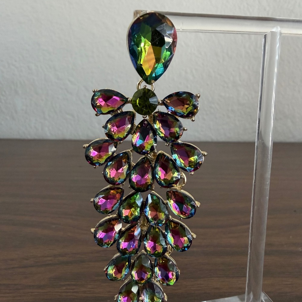Chandelier Rhinestone Crystal Pageant Bridal Earrings AB Drop Dangle 4" Green - Picture 4 of 10